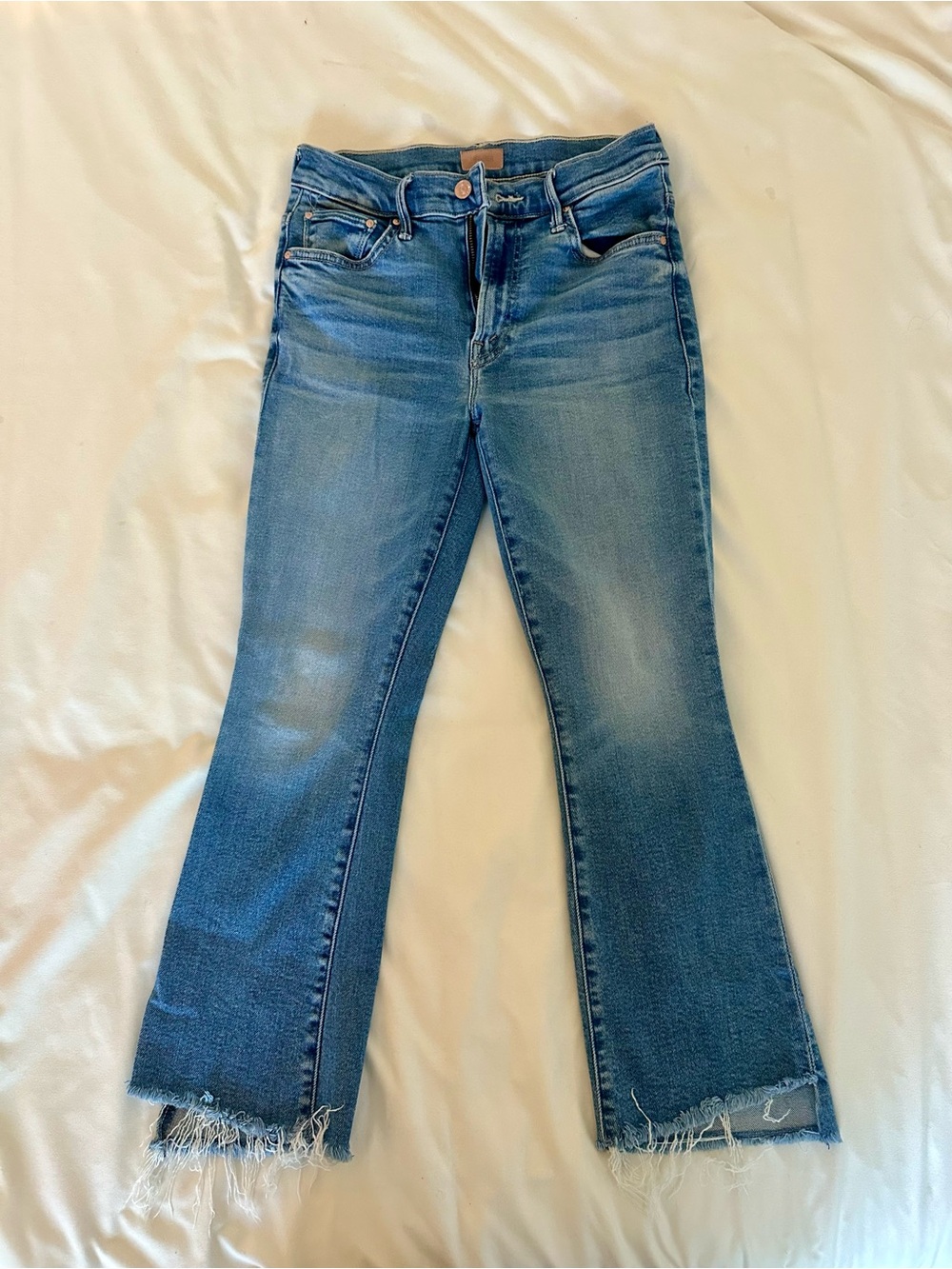 MOTHER Medium Blue Flare Jeans with Raw Fringe Hem